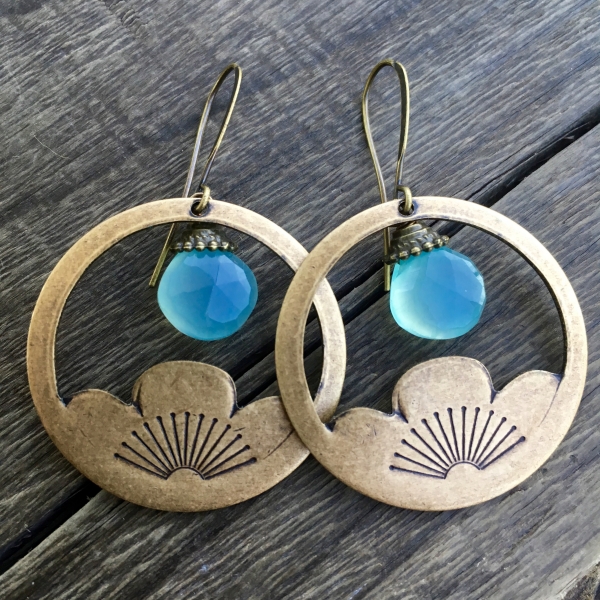 Blue Lotus Earrings | Aqua Blue Chalcedony | Brass Lotus Earrings | Art Deco