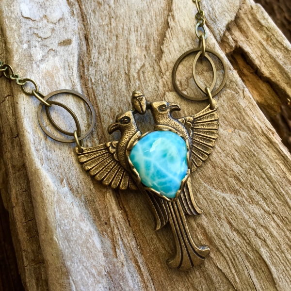 Sky Heart Necklace | Larimar | Brass Winged Falcon Necklace | Egyptian Jewelry