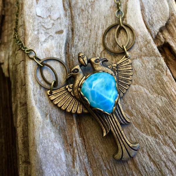 Sky Heart Necklace | Larimar | Brass Winged Falcon Necklace | Egyptian Jewelry