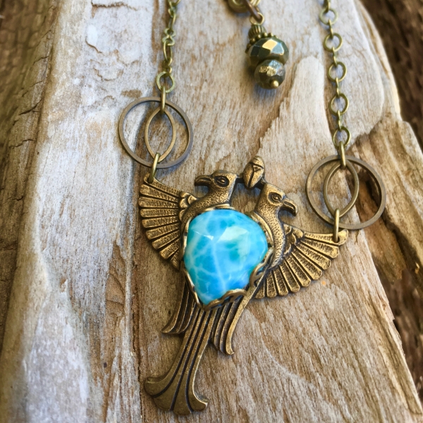 Sky Heart Necklace | Larimar | Brass Winged Falcon Necklace | Egyptian Jewelry