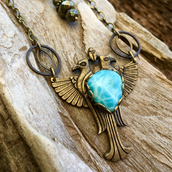 Sky Heart Necklace | Larimar | Brass Winged Falcon Necklace | Egyptian Jewelry