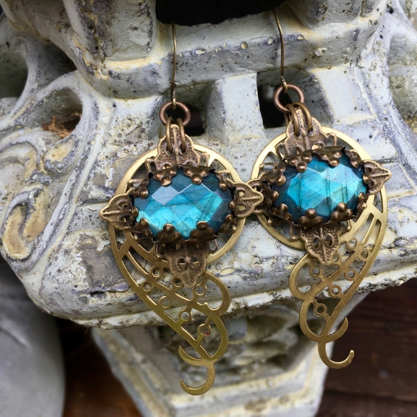 Spiral Galaxy Earrings | Blue Labradorite & Brass Spiral Geometric Jewelry