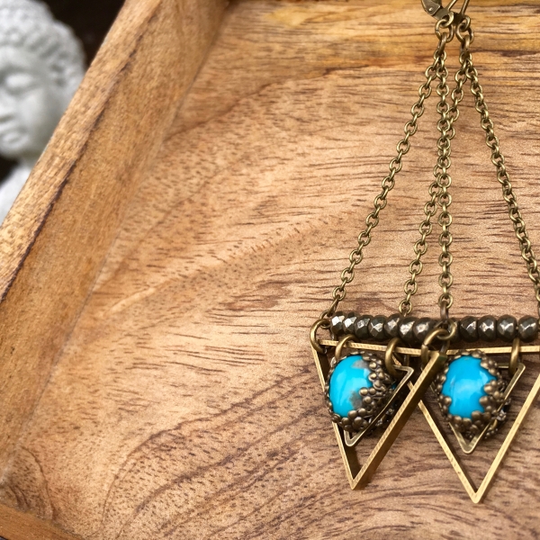 True Wisdom Earrings | Turquoise & Faceted Pyrite | Brass Triangle Drop Earrings