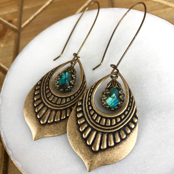 Lotus Drop Earrings | Blue Labradorite | Brass Lotus Petal Drop Earrings
