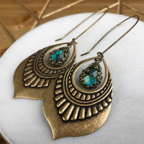 Lotus Drop Earrings | Blue Labradorite | Brass Lotus Petal Drop Earrings