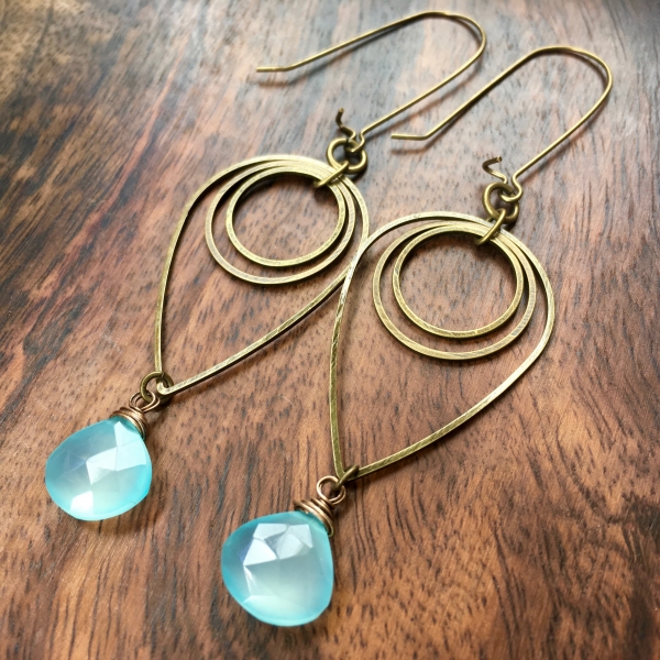 Drop of Rain Earrings | Aqua Blue Chalcedony & Brass Geometric Jewelry