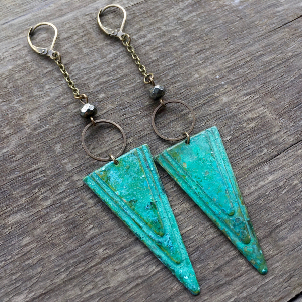 Earth Arrow Earrings | Pyrite & Patina Triangle Earrings