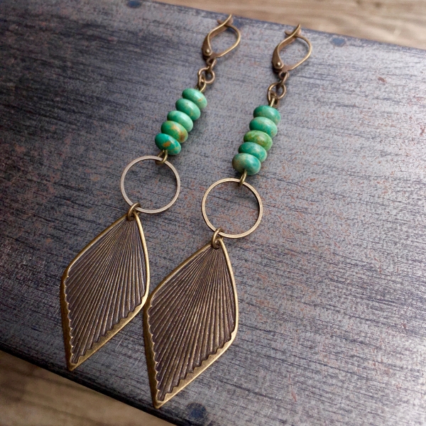 Rides the Wind Earrings | Vintage Brass Leaf & Turquoise Dangle Earrings