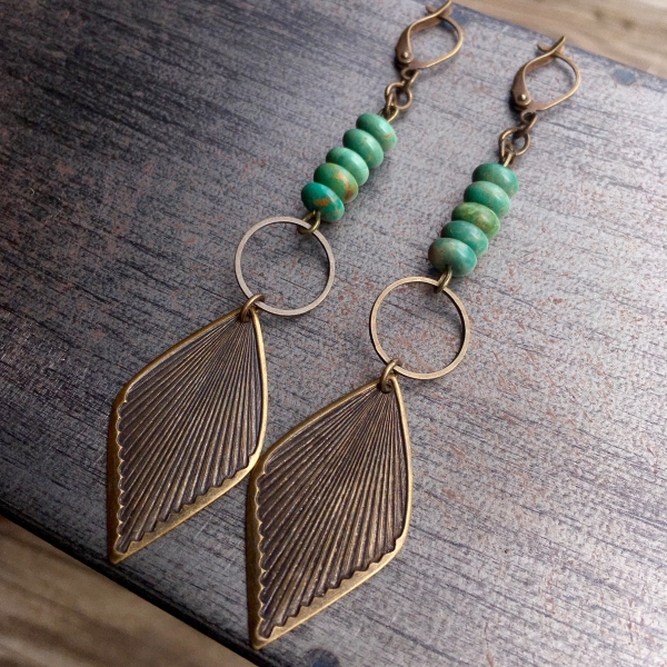 Rides the Wind Earrings | Vintage Brass Leaf & Turquoise Dangle Earrings