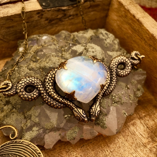 Cosmic Serpent Necklace | Rainbow Moonstone | Antiqued Brass Snake Necklace