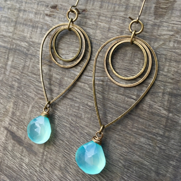 Drop of Rain Earrings | Aqua Blue Chalcedony & Brass Geometric Jewelry