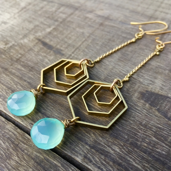Spectral Sky Earrings |Aqua Blue Chalcedony | Brass Hexagon Dangle Drop Earrings