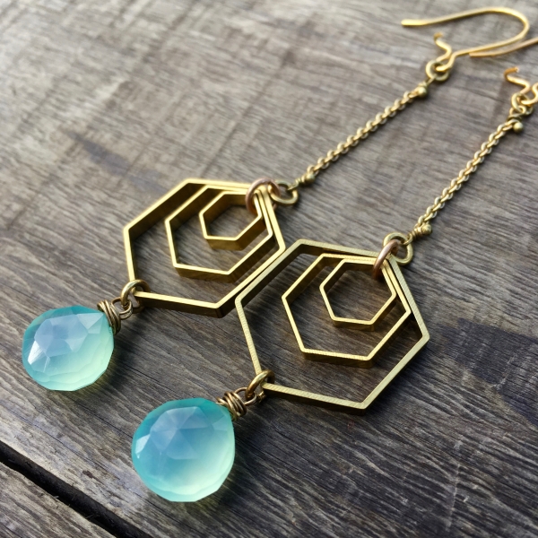 Spectral Sky Earrings |Aqua Blue Chalcedony | Brass Hexagon Dangle Drop Earrings