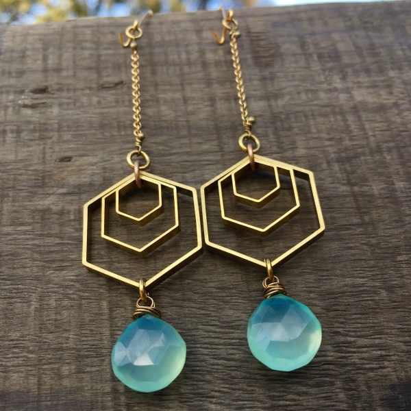 Spectral Sky Earrings |Aqua Blue Chalcedony | Brass Hexagon Dangle Drop Earrings