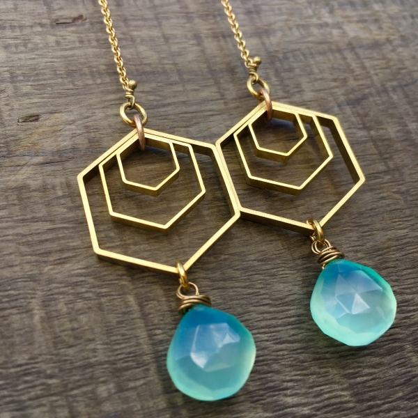 Spectral Sky Earrings |Aqua Blue Chalcedony | Brass Hexagon Dangle Drop Earrings