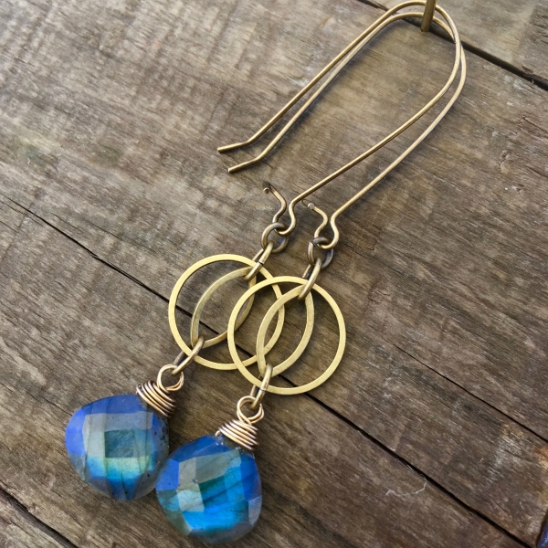 Blue Flash Earrings | Blue Labradorite | Geometric Brass Cat’s Eye Earrings