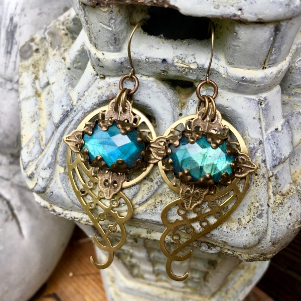 Spiral Galaxy Earrings | Blue Labradorite & Brass Spiral Geometric Jewelry