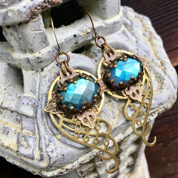 Spiral Galaxy Earrings | Blue Labradorite & Brass Spiral Geometric Jewelry