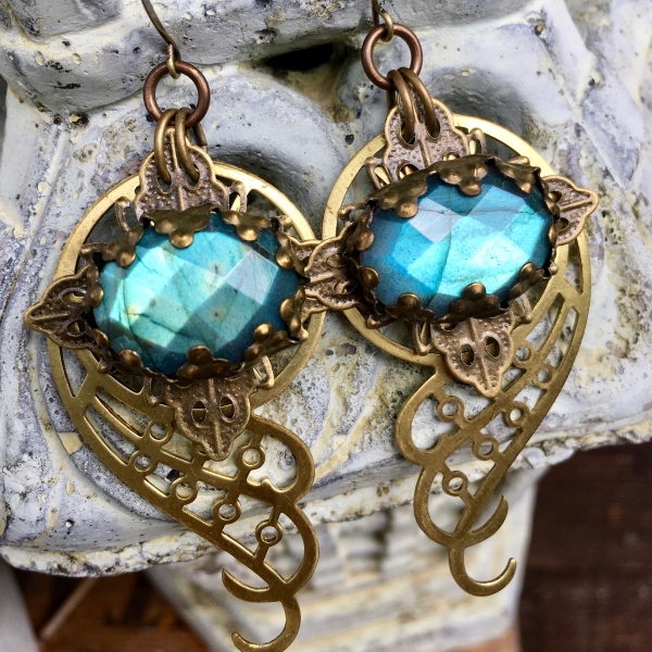 Spiral Galaxy Earrings | Blue Labradorite & Brass Spiral Geometric Jewelry