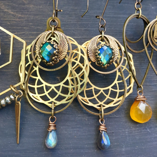 Winged Revolution Earrings | Geometric Jewelry | Blue Flash Labradorite | Scarab