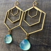 Geo Storm Earrings | Aqua Blue Chalcedony & Brass Hexagon Drop Earrings