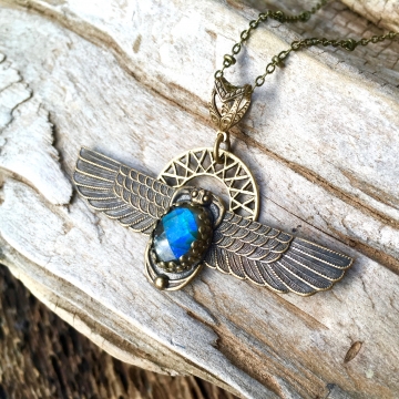 Shape Shifter Necklace | Blue Labradorite | Winged Scarab & Solar Disc Necklace
