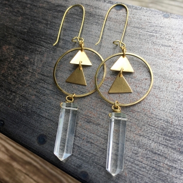ng Earrings | Quartz Crystal | Brass Triangle Hoop Drop Earrings
