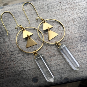 Bright Awakening Earrings | Quartz Crystal | Brass Triangle Hoop Drop Earrings