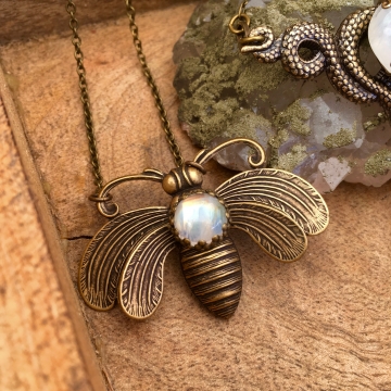 Bee Mystic Necklace | Rainbow Moonstone | Antiqued Art Deco Bee Necklace
