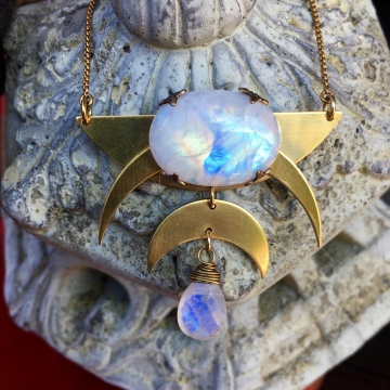 Over the Moon Necklace | Rainbow Moonstone | Brass Triple MoonDrop Necklace