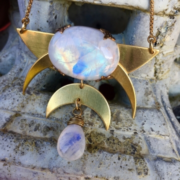 Over the Moon Necklace | Rainbow Moonstone | Brass Triple MoonDrop Necklace