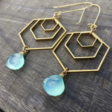 Geo Storm Earrings | Aqua Blue Chalcedony & Brass Hexagon Drop Earrings