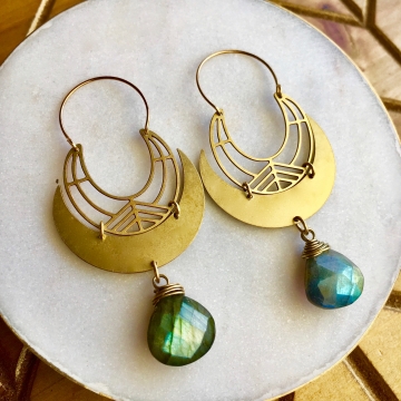 LUNAR ELLIPSE Earrings | Blue Labradorite & Brass Crescent Moon Drop Earrings