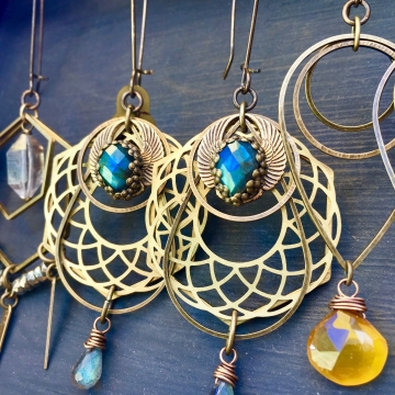 Winged Revolution Earrings | Geometric Jewelry | Blue Flash Labradorite | Scarab