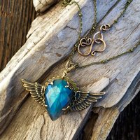 Winged Heart Necklace | Blue Labradorite & Vintage Brass Winged Heart Necklace