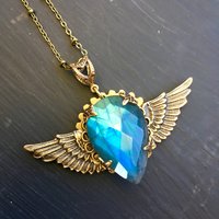 Winged Heart Necklace | Blue Labradorite & Vintage Brass Winged Heart Necklace