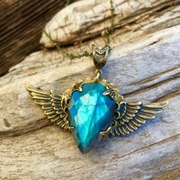 Winged Heart Necklace | Blue Labradorite & Vintage Brass Winged Heart Necklace