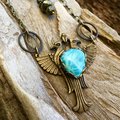 Sky Heart Necklace | Larimar | Brass Winged Falcon Necklace | Egyptian Jewelry