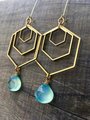 Geo Storm Earrings | Aqua Blue Chalcedony & Brass Hexagon Drop Earrings