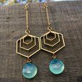Spectral Sky Earrings |Aqua Blue Chalcedony | Brass Hexagon Dangle Drop Earrings