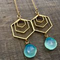 Spectral Sky Earrings |Aqua Blue Chalcedony | Brass Hexagon Dangle Drop Earrings
