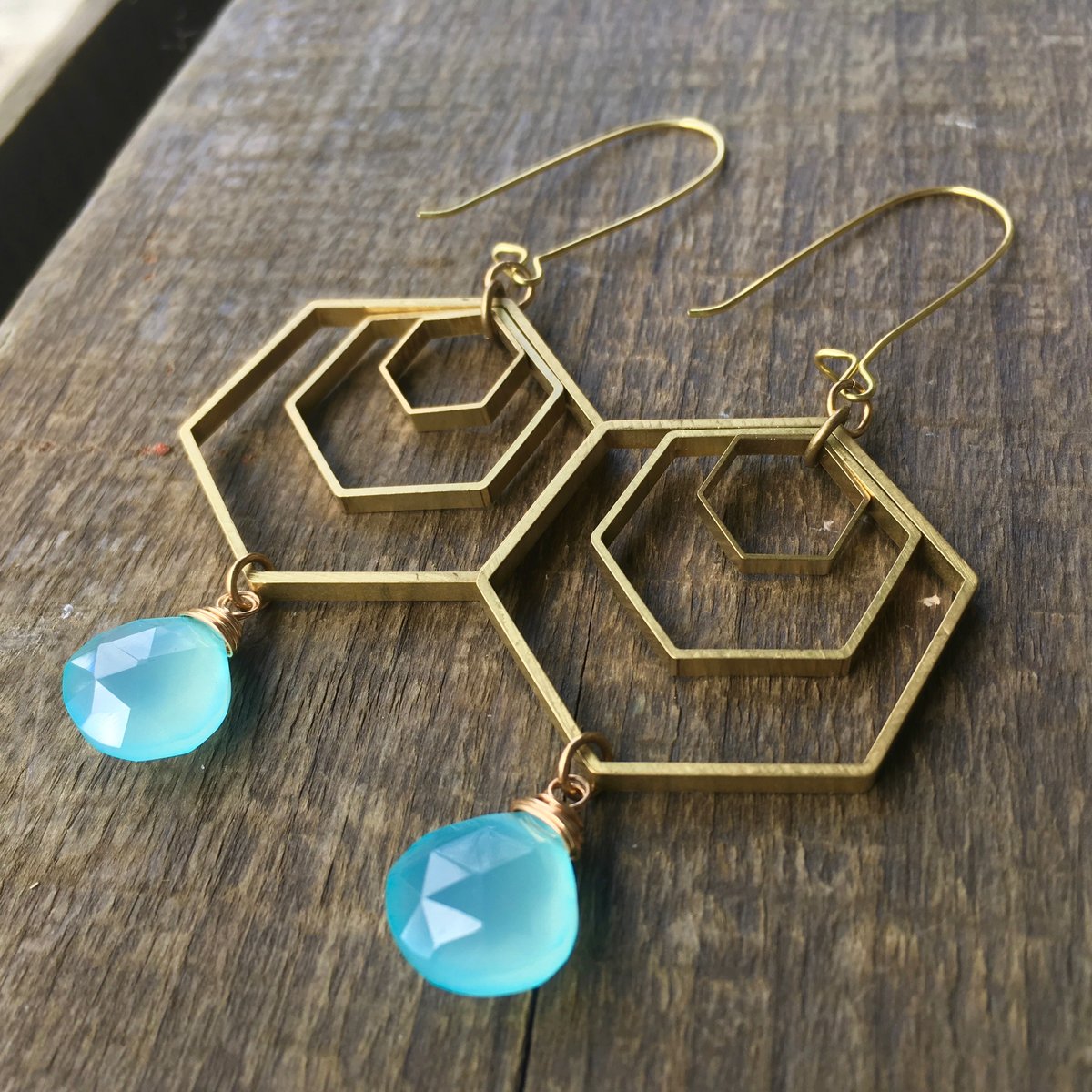 Geo Storm Earrings | Aqua Blue Chalcedony & Brass Hexagon Drop Earrings