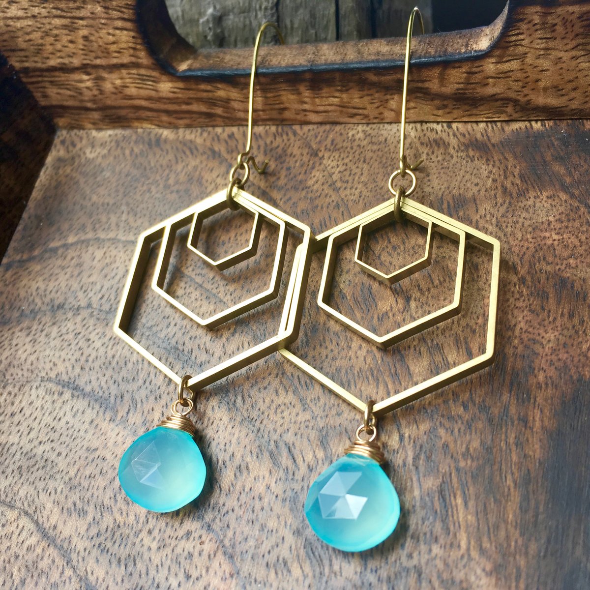 Geo Storm Earrings | Aqua Blue Chalcedony & Brass Hexagon Drop Earrings