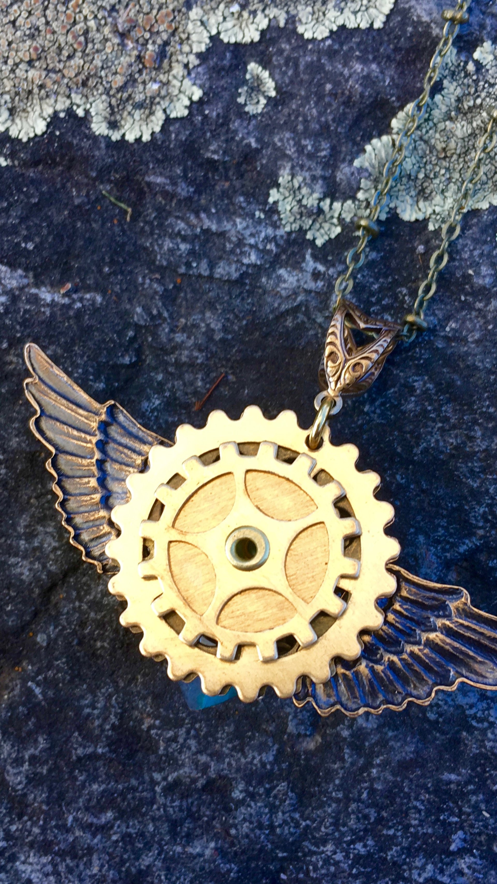 Winged Heart Necklace | Blue Labradorite & Vintage Brass Winged Heart Necklace