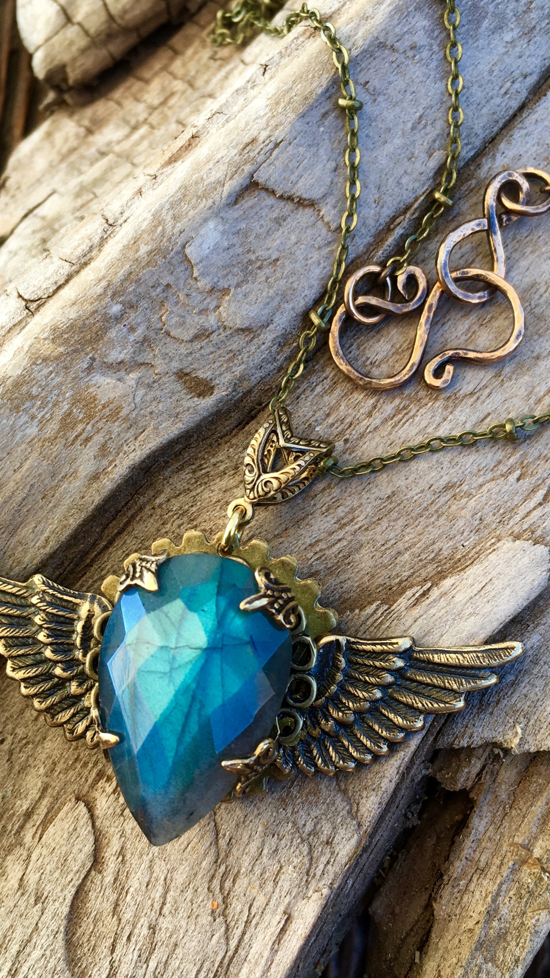 Winged Heart Necklace | Blue Labradorite & Vintage Brass Winged Heart Necklace
