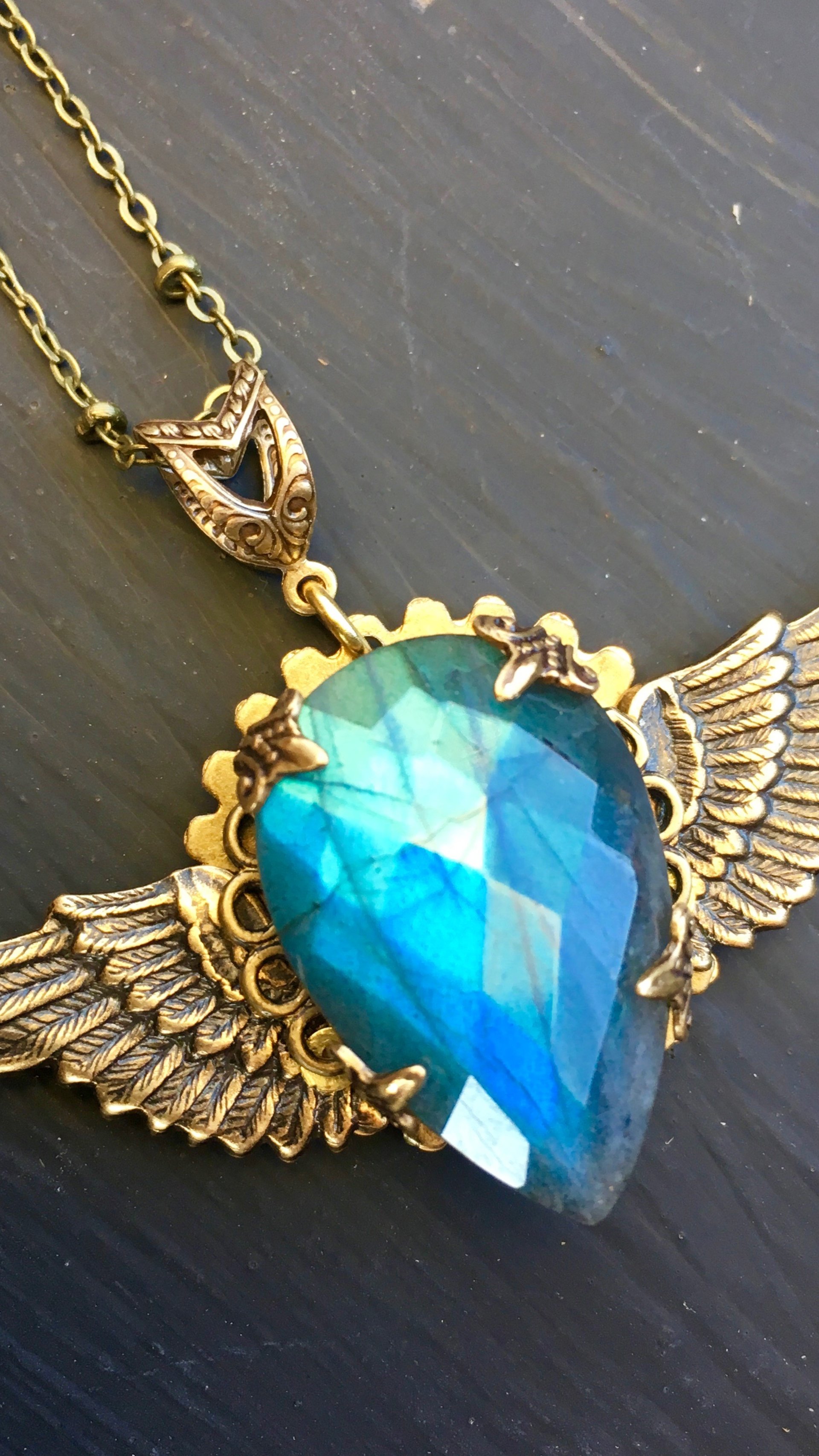 Winged Heart Necklace | Blue Labradorite & Vintage Brass Winged Heart Necklace