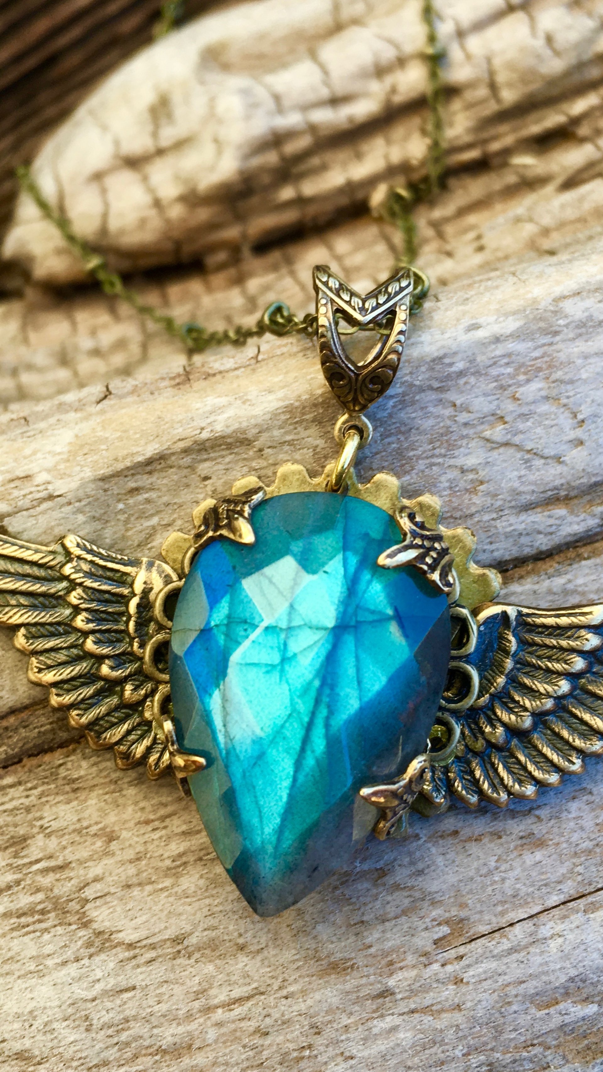 Winged Heart Necklace | Blue Labradorite & Vintage Brass Winged Heart Necklace