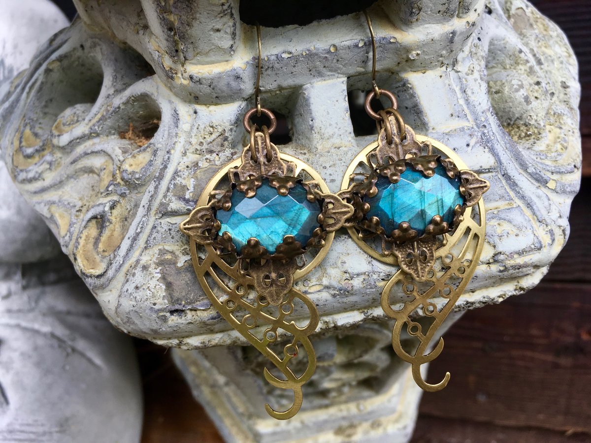 Spiral Galaxy Earrings | Blue Labradorite & Brass Spiral Geometric Jewelry