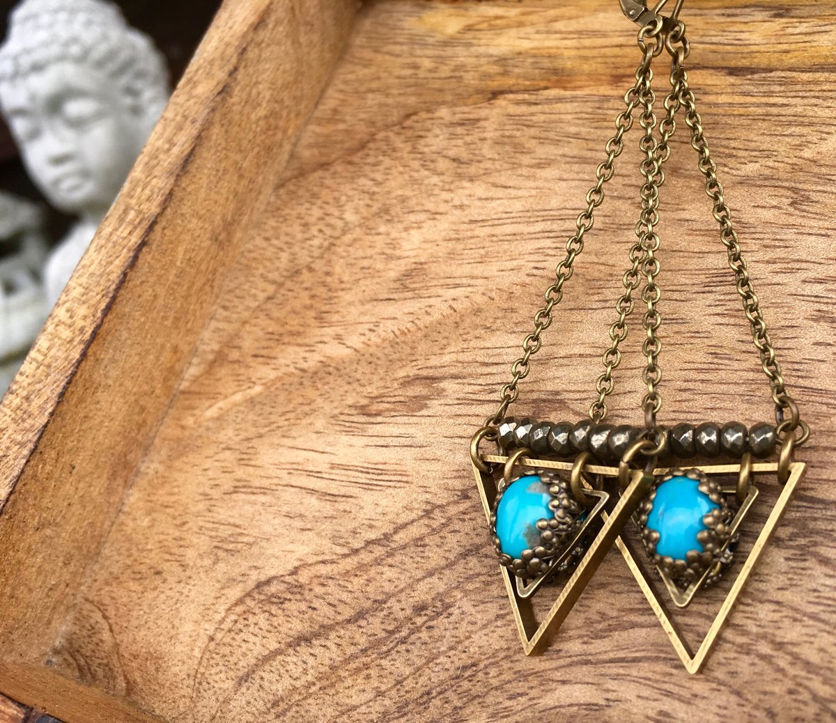 True Wisdom Earrings | Turquoise & Faceted Pyrite | Brass Triangle Drop Earrings