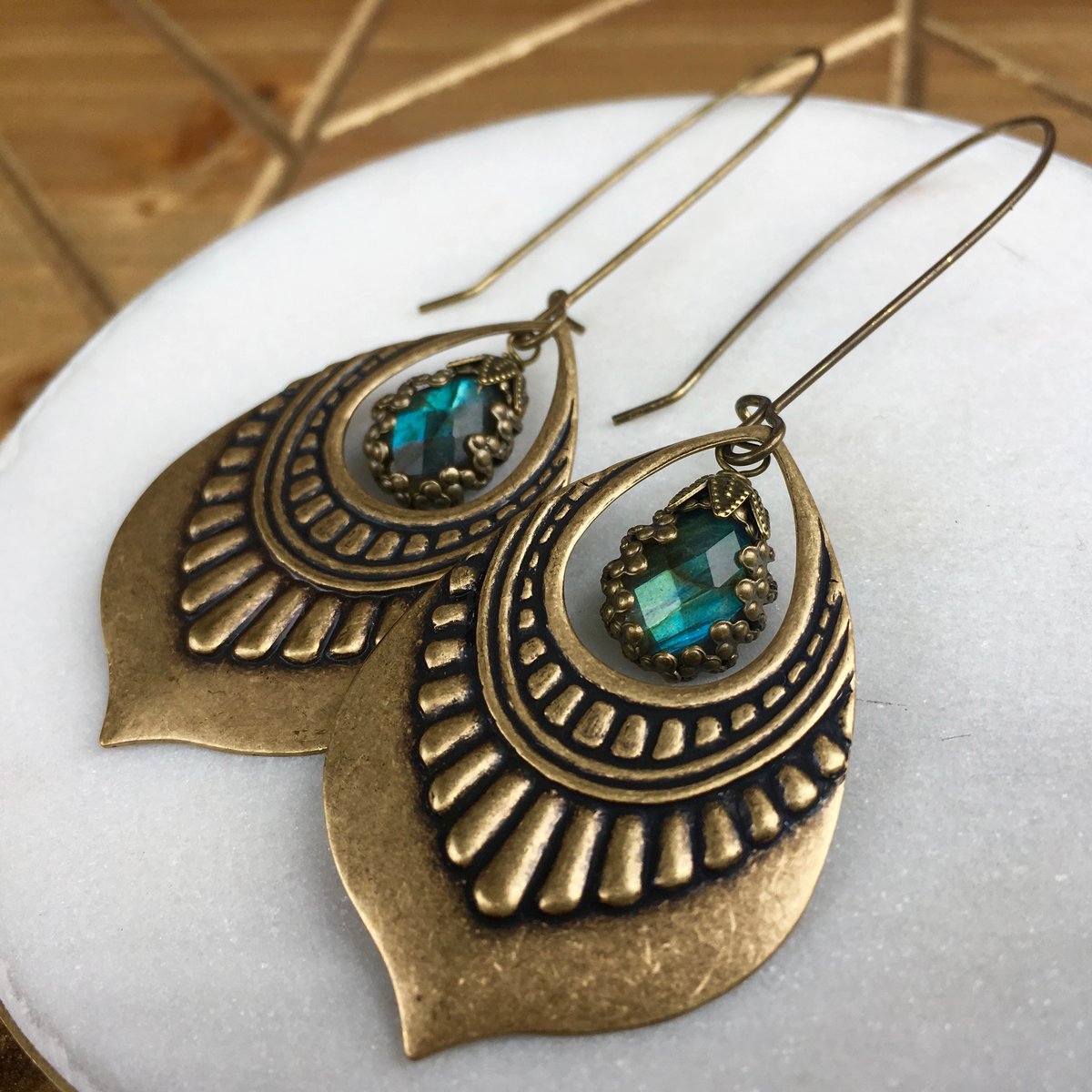 Lotus Drop Earrings | Blue Labradorite | Brass Lotus Petal Drop Earrings